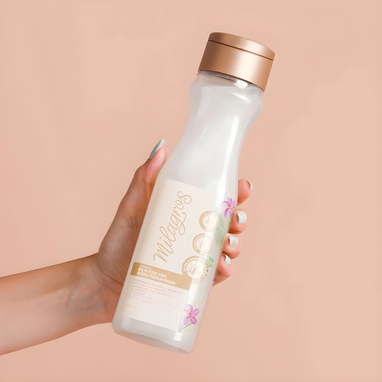 Botella de shampoo Milagros Arroz con Ácido Hialurónico, sostenida en mano, para cabello reparador e hidratado.