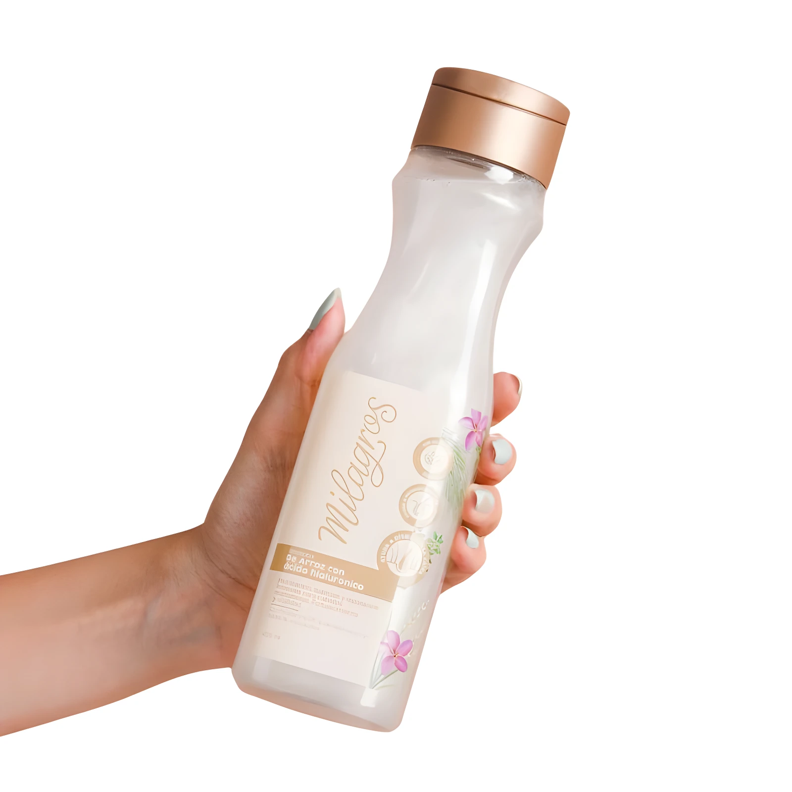 Botella de Shampoo Milagros de Arroz con Ácido Hialurónico sostenida por mano, ideal para reparar e hidratar el cabello.