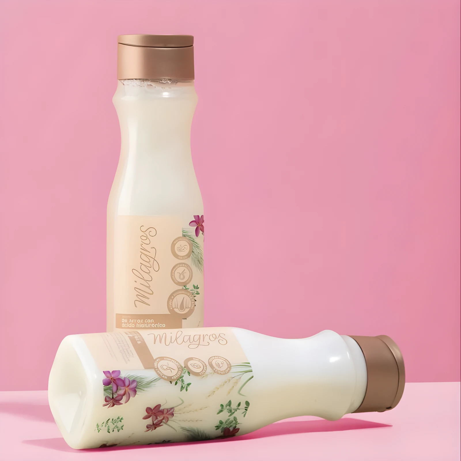 Dos botellas de shampoo Milagros de arroz con ácido hialurónico sobre fondo rosa, una de pie y otra acostada.