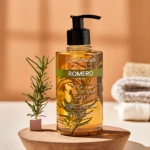 Shampoo Romero 300ml Lorenalissados Botánico en envase transparente con dispensador negro, ideal para fortalecer el cabello y prevenir su caída.