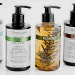 Botellas de shampoo Lorenalissados 300ml: Coco, Detox, Romero y Cacao, para hidratación y fortalecimiento capilar.