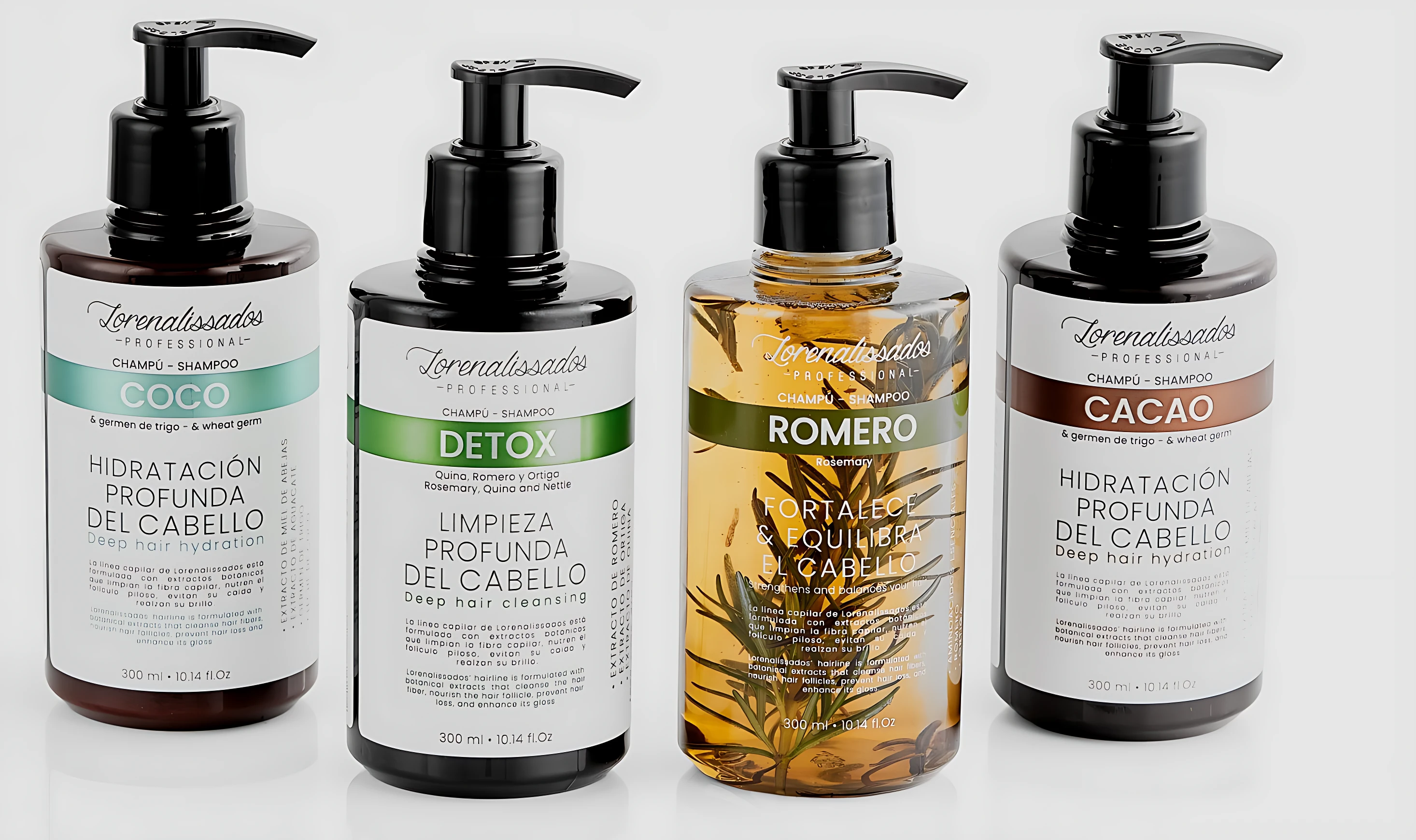 Botellas de shampoo Lorenalissados 300ml: Coco, Detox, Romero y Cacao, para hidratación y fortalecimiento capilar.