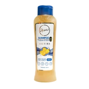 Shampoo Anyeluz 500ml con gusano de seda y biotina, sin sal. Líquido dorado en envase con tapa azul.