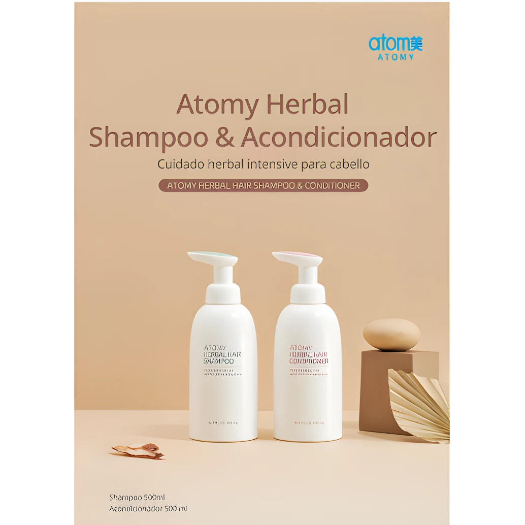 Botellas blancas de shampoo y acondicionador herbal Atomy 500ml con dispensadores en tonalidades verde y rosa.