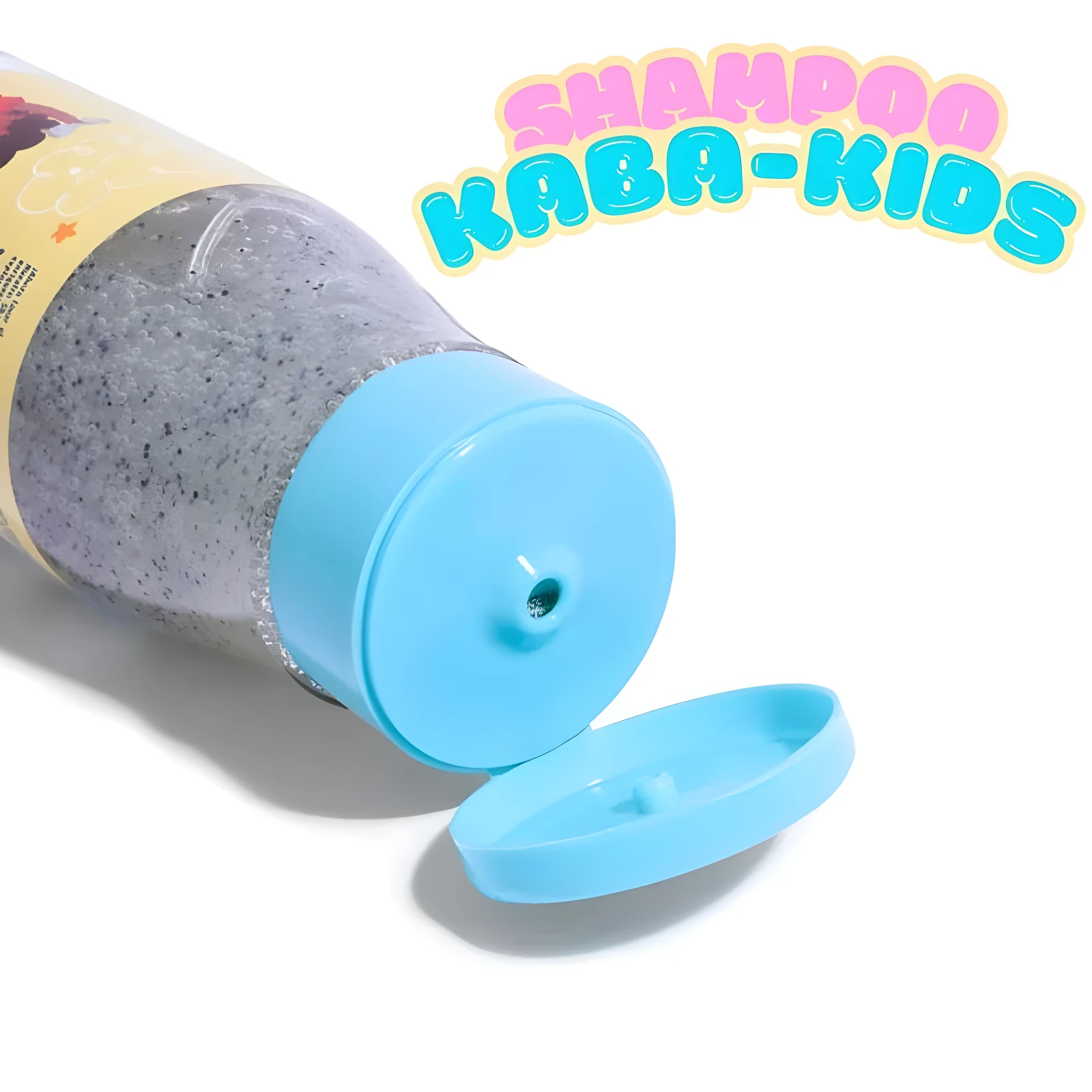 Tubo de shampoo Kaba-Kids con tapa abierta azul y contenido grisáceo con partículas.