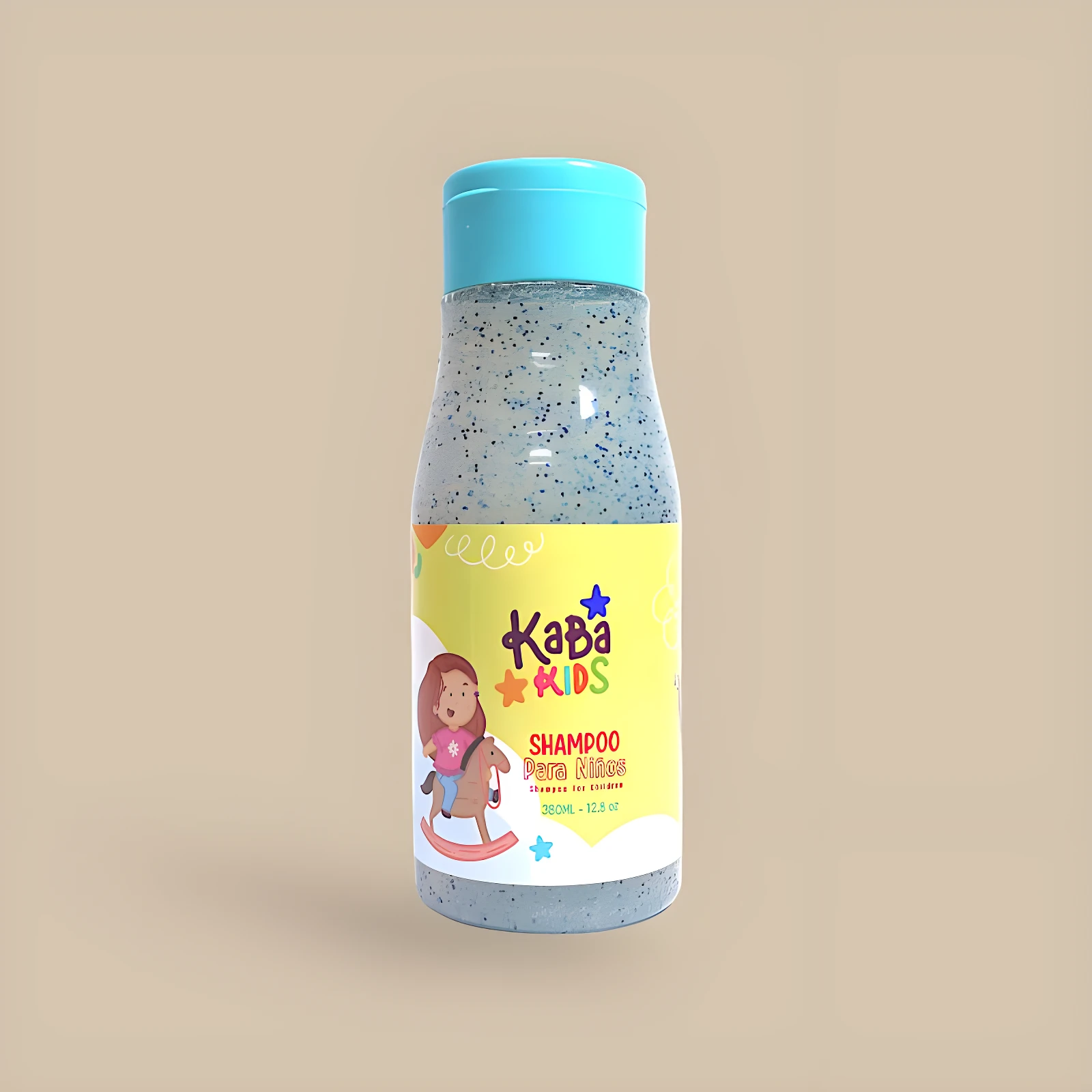 Shampoo infantil Kaba, botella azul con diseño de niña en caballito, 350ml.