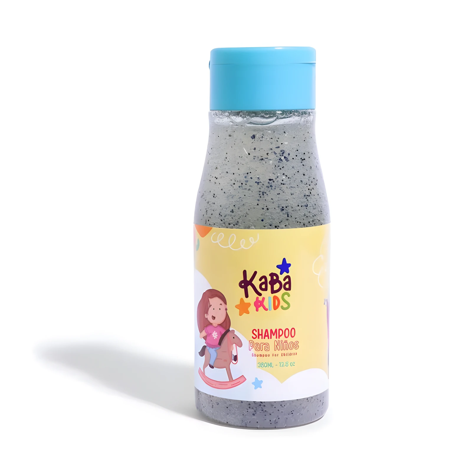 Shampoo infantil Kaba Kids en botella con tapa azul y líquido gris con partículas, etiqueta ilustrada con niña en caballito.