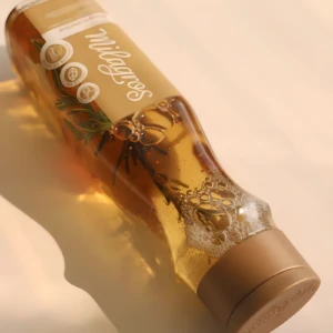 Botella de shampoo Milagro Herbal para crecimiento capilar, con hierbas y burbujas, fondo claro.