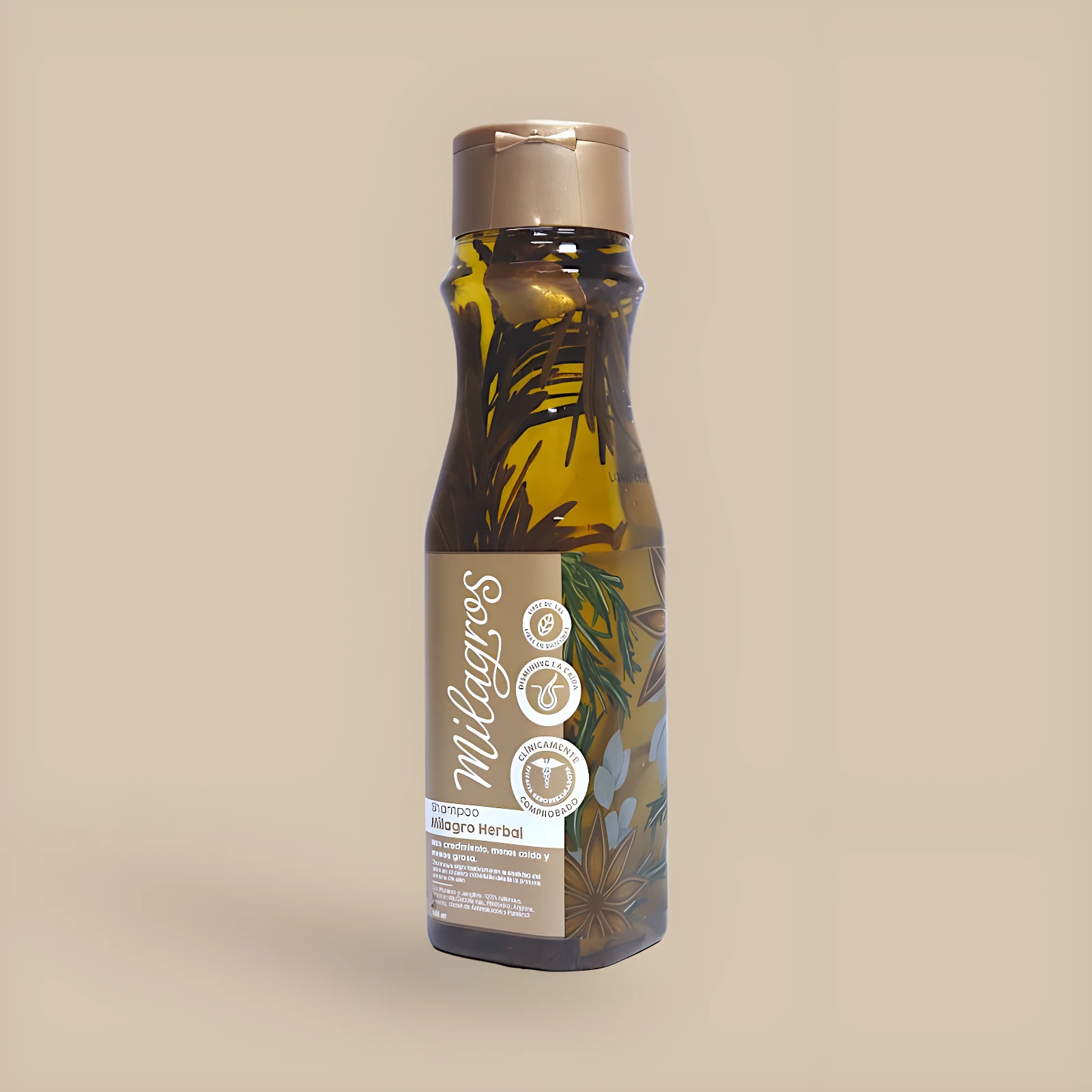 Shampoo Milagro Herbal en botella ámbar con hierbas incrustadas, tapa dorada. Controla grasa y caída.