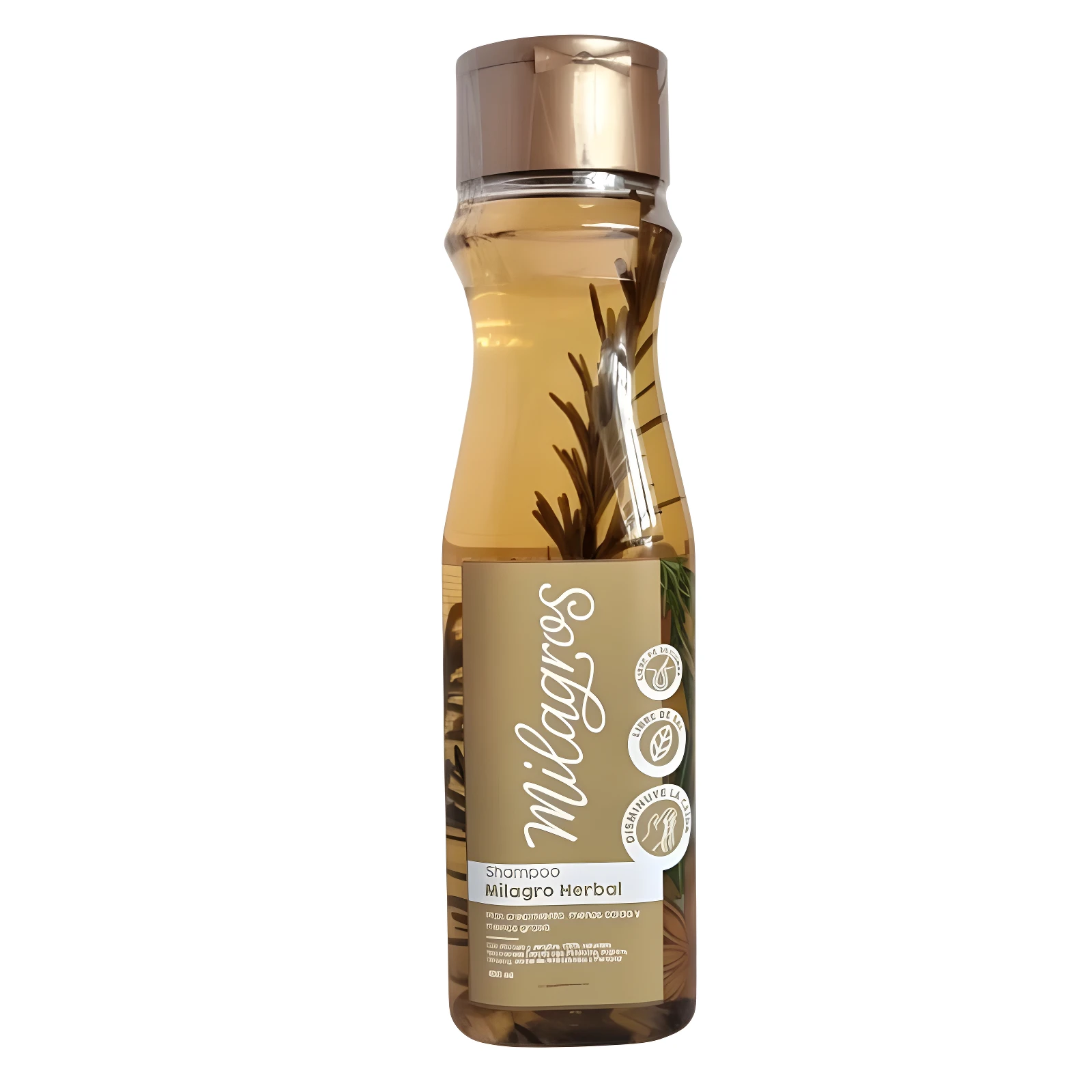 Botella de shampoo Milagro Herbal dorado con romero dentro, 400 ml.