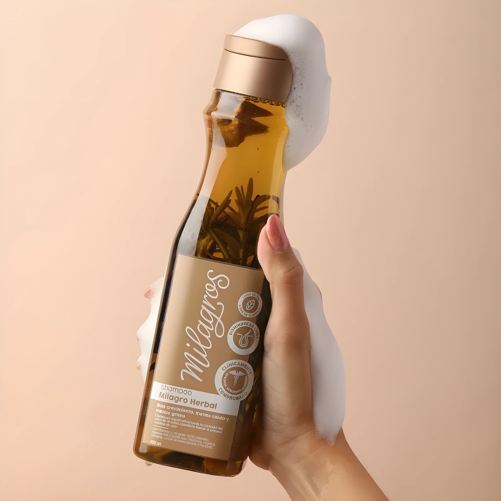 Shampoo Milagro Herbal en botella con hierbas flotando, en mano con espuma.