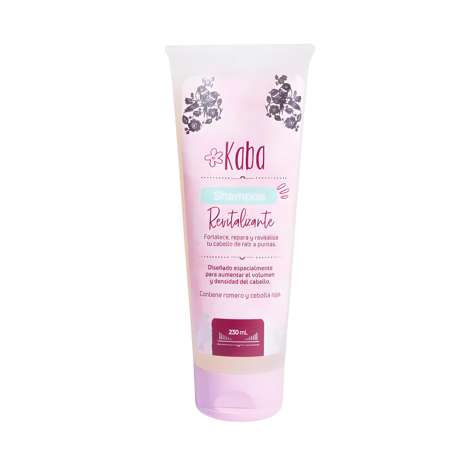 Shampoo Kaba Revitalizante 230 mL en envase rosa con flores y pájaros, para cabello sin vida.