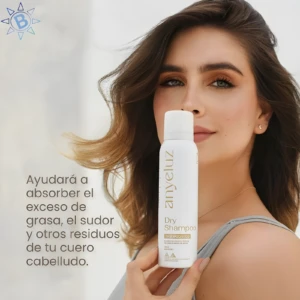 Mujer sonríe mostrando spray Shampoo Seco Anyeluz 150ml blanco con detalles dorados para absorber grasa y sudor del cuero cabelludo.