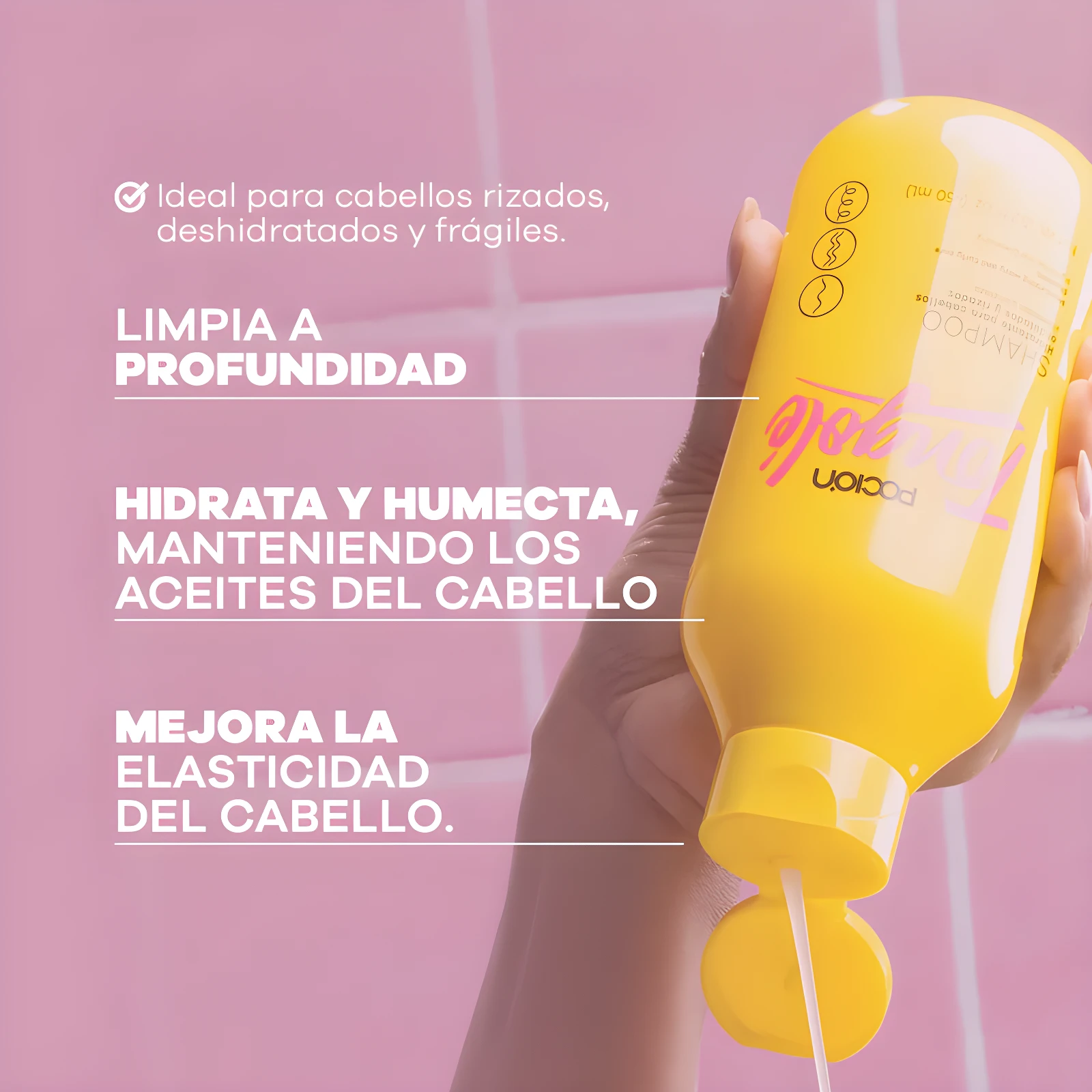 Shampoo amarillo Pocion 250 ml para cabellos rizados, hidrata, limpia y mejora elasticidad.