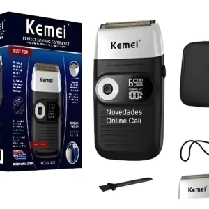 Shaver Kemei 2026 profesional negra con pantalla digital, incluye caja, tapa protectora, cable de carga USB, cepillo de limpieza y cabezal de repuesto.