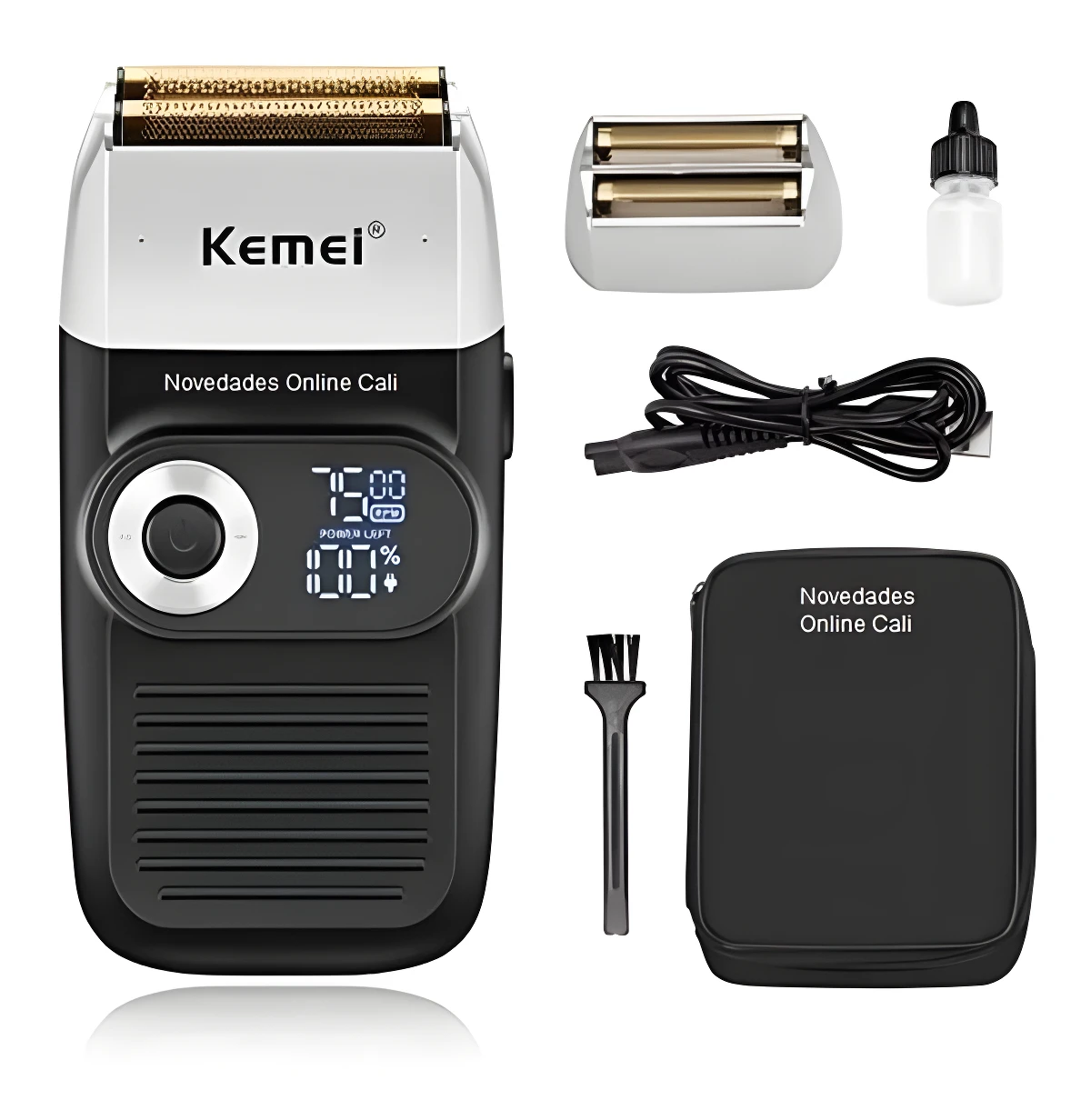 Afeitadora eléctrica Kemei 2026 negra con pantalla digital, incluye cabezal de repuesto, aceite lubricante, cable de carga, cepillo limpiador y estuche.