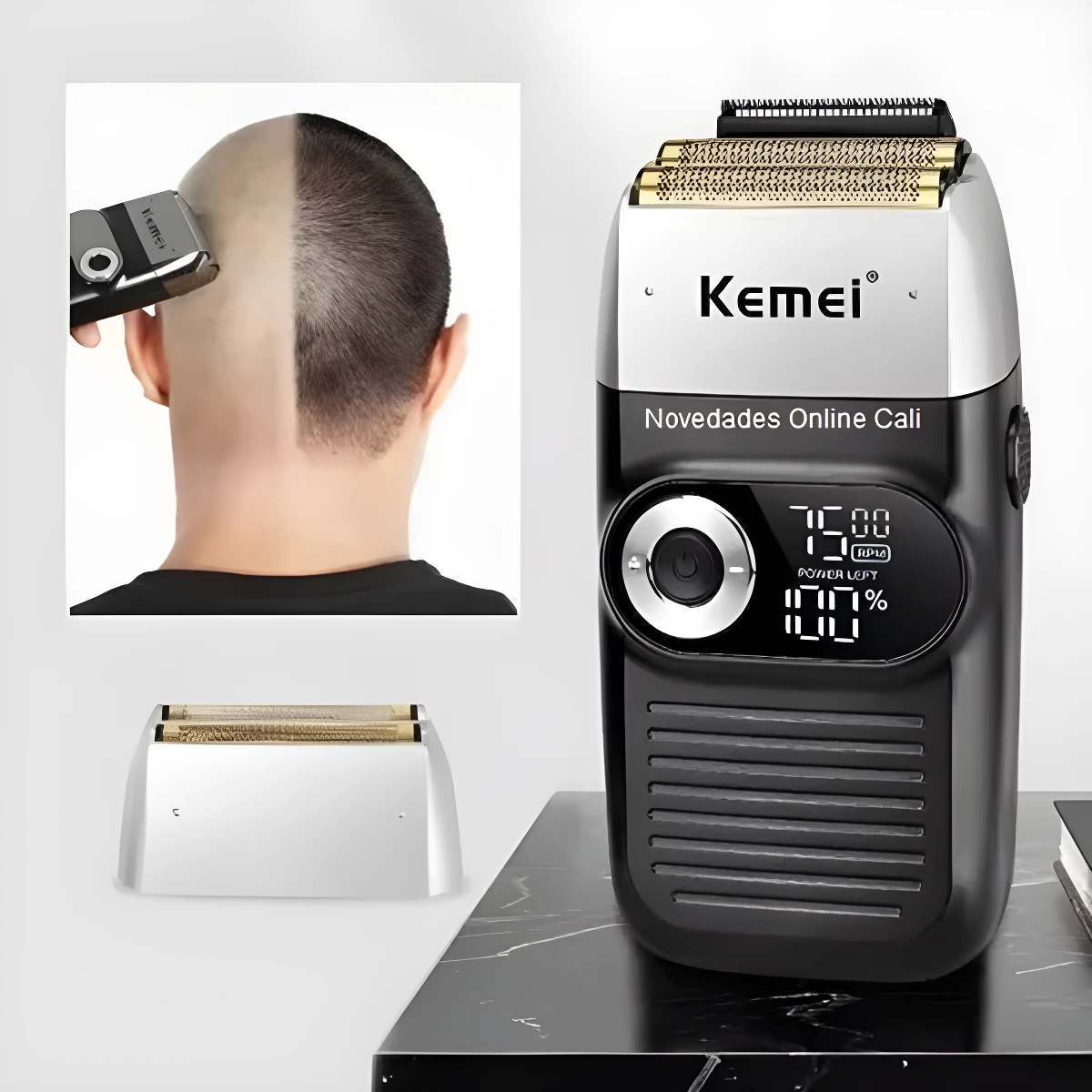 Shaver profesional Kemei 2026 negra con pantalla digital, cabezal doble dorado, repuesto de cuchillas adicional y ejemplo de uso en afeitado de cabeza.
