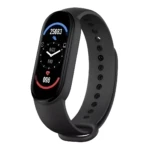Smartband M6 negra con pantalla mostrando ritmo cardiaco, pasos (25683), fecha (6/22) y hora (THU).