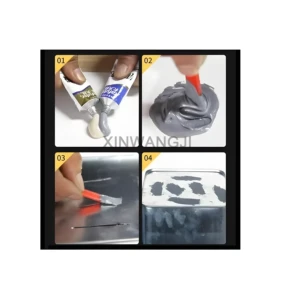 Soldador en frío en gel gris y beige para reparar metal, se aplica con jeringa sobre superficies dañadas y se mezcla.