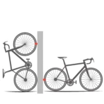 Dos bicicletas de ruta grises, una vertical y otra horizontal, fijadas a un soporte de pared.