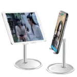 Set x2 soportes para celular y tablet en aluminio plateado, ideales para entretenimiento.