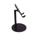 Soporte para celular negro en aluminio, base redonda, con brazo ajustable, ideal para mesa.