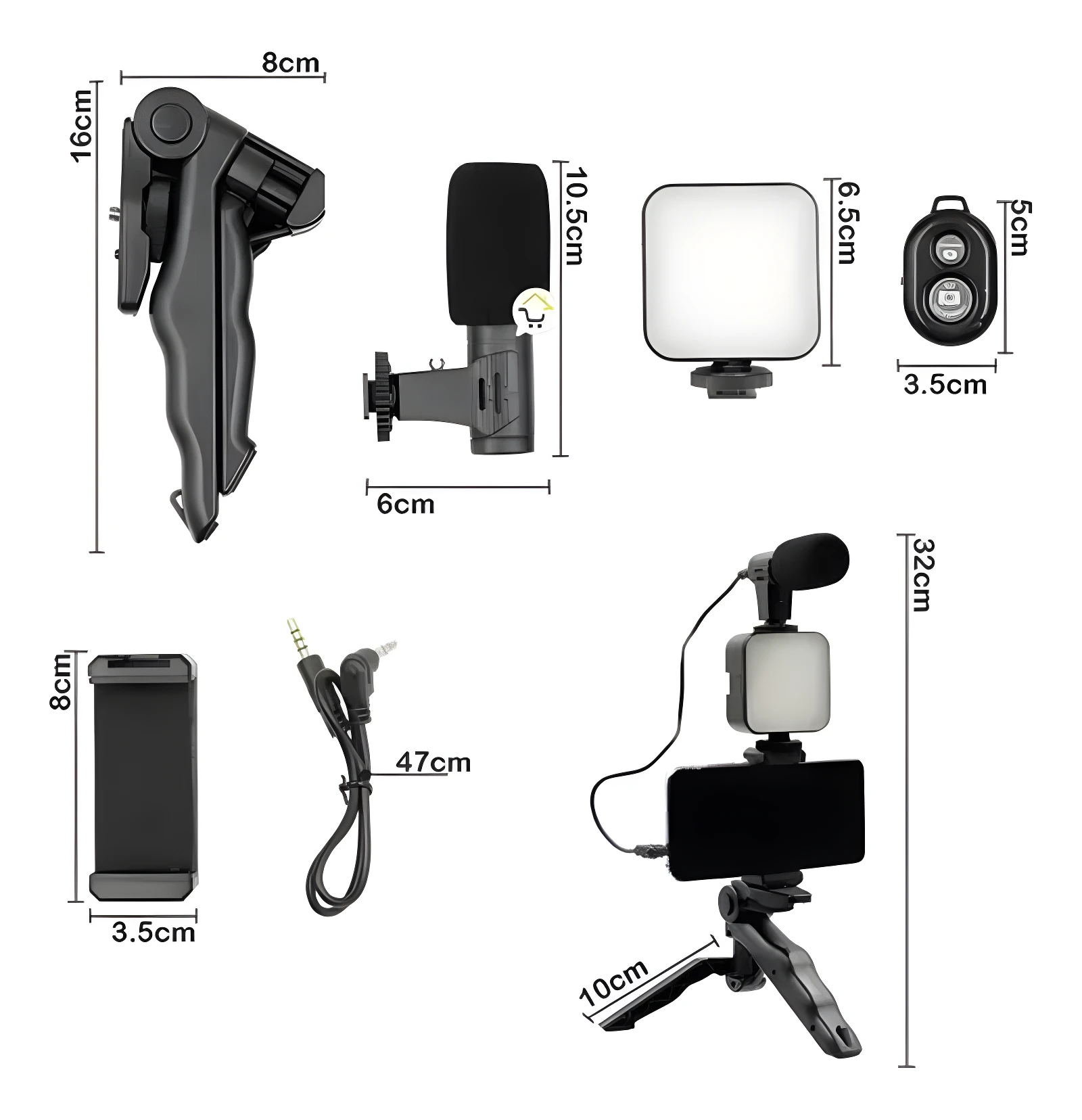 Kit de grabación con soporte para celular (8x3.5cm), luz LED (6.5cm), micrófono (10.5x6cm), control remoto (5x3.5cm), cable (47cm) y trípode (10cm).