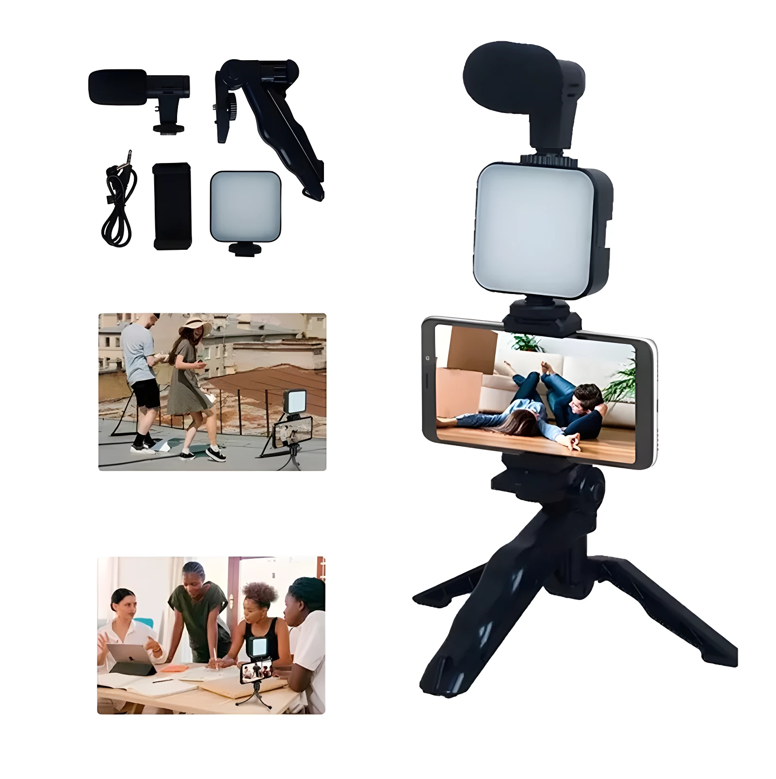 Soporte para celular negro con luz LED cuadrada y micrófono, ideal para grabaciones y transmisiones.