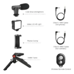 Kit para celular con micrófono, luz LED, pinza, trípode y control remoto.