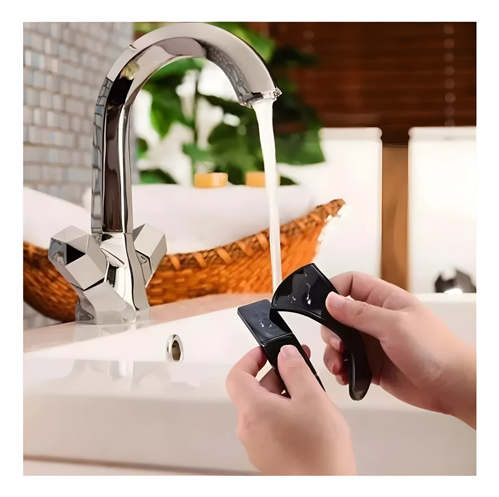 Soporte celular multiusos Fixate Gel P en negro, pegado a lavamanos con agua y toallas.