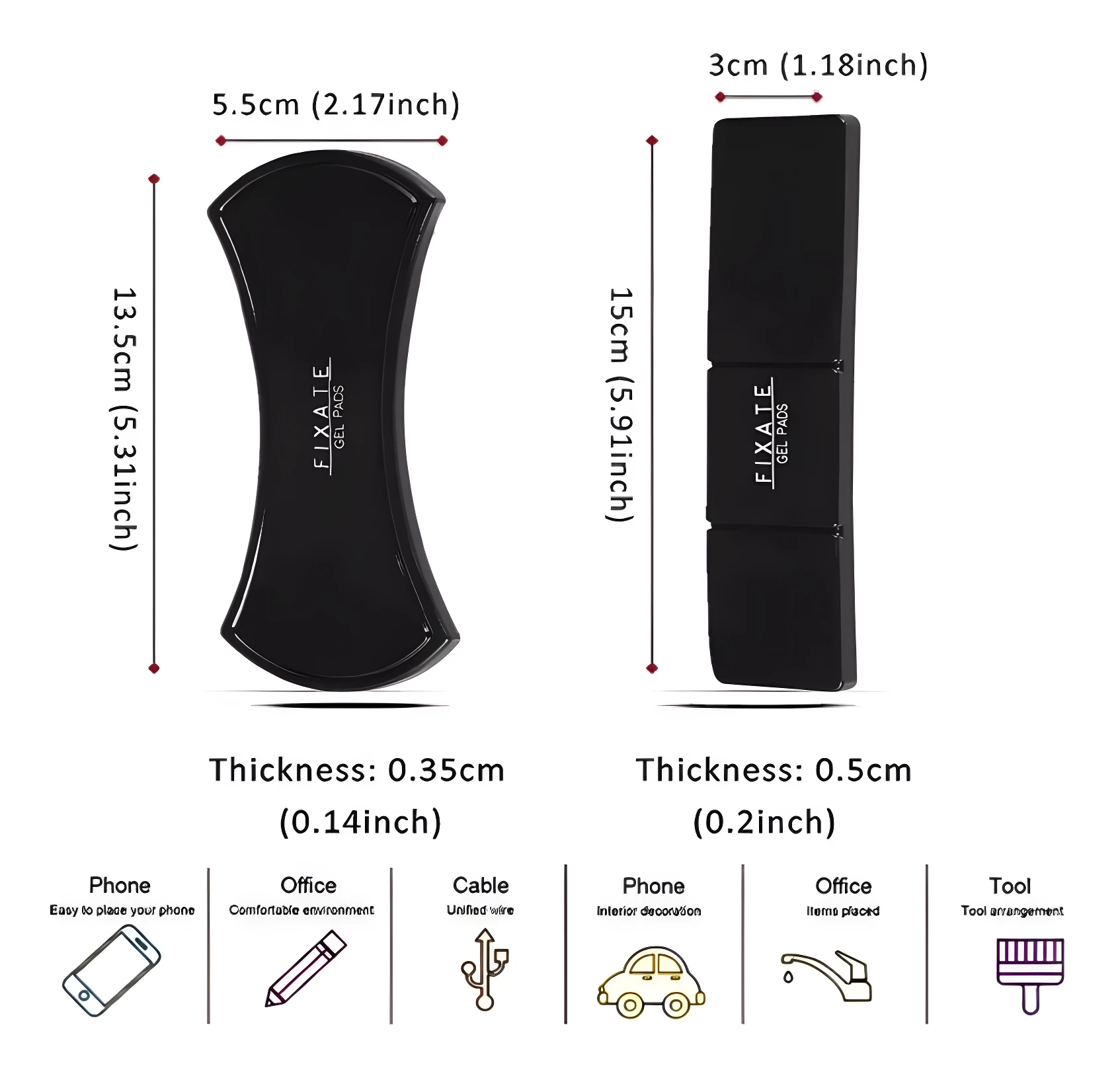 Set x2 soportes celulares multiusos Fixate Gel Pads, negros, uno con forma ergonómica de 13.5cm y otro rectangular de 15cm.