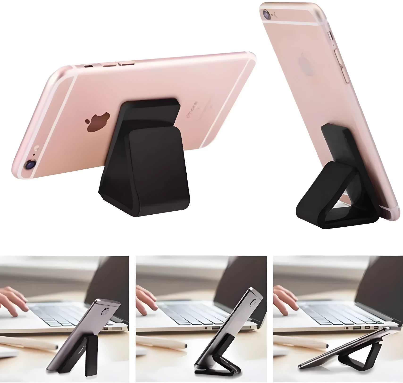 Set x2 soportes celulares negros Fixate Gel, plegables, ideales para mesa y escritorio.