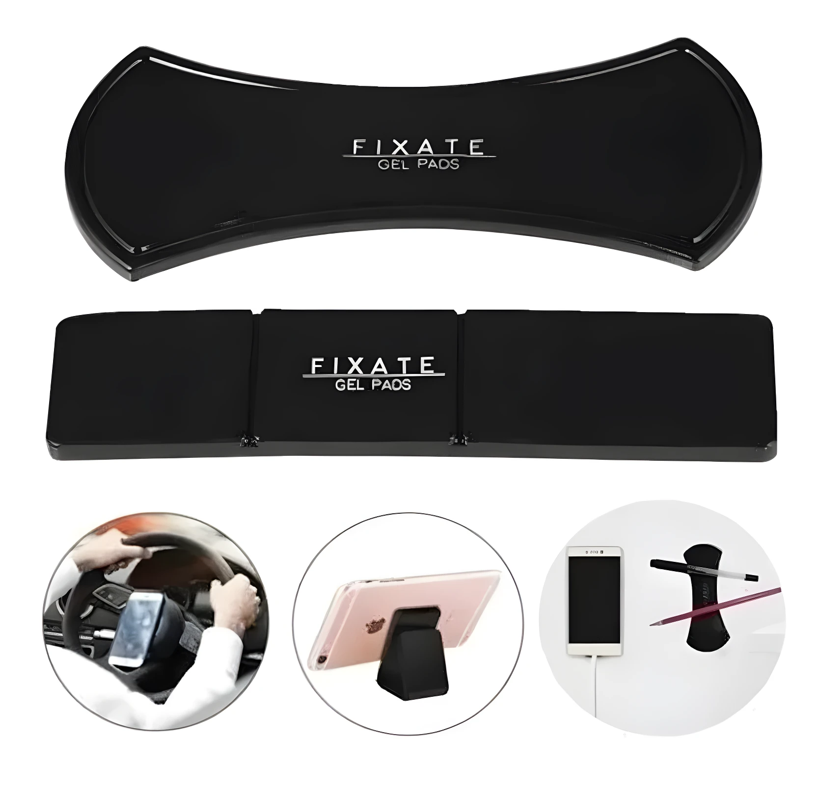 Set x2 soportes celulares multiusos negros Fixate Gel P, ideales para auto, escritorio y pared.
