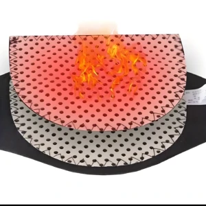 Soporte cervical con calor, diseño perforado en rojo y gris, ajustable.