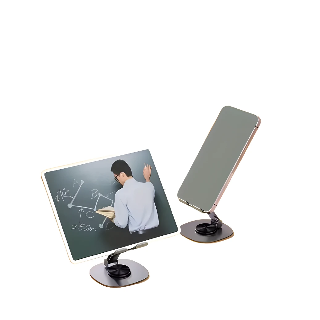 Set x2 soportes plateados para celular con pantalla de tablet y celular gris en ángulo.