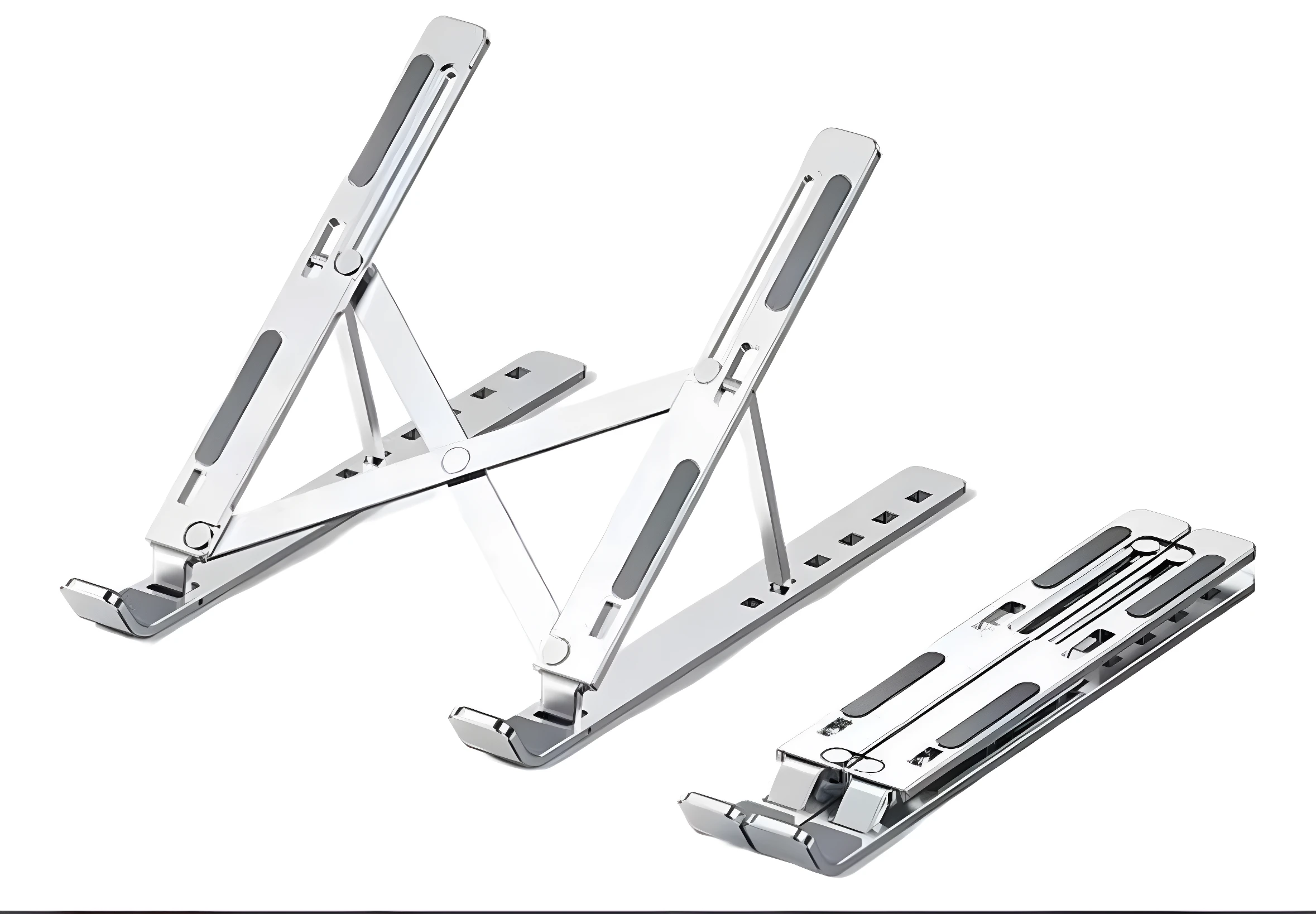 Set x2 soportes metálicos plateados para portátil, ajustables y plegables, con base antideslizante.