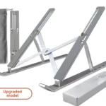 Set x2 soportes metálicos plateados para portátil N3, plegables y portátiles, con bolsa y caja.