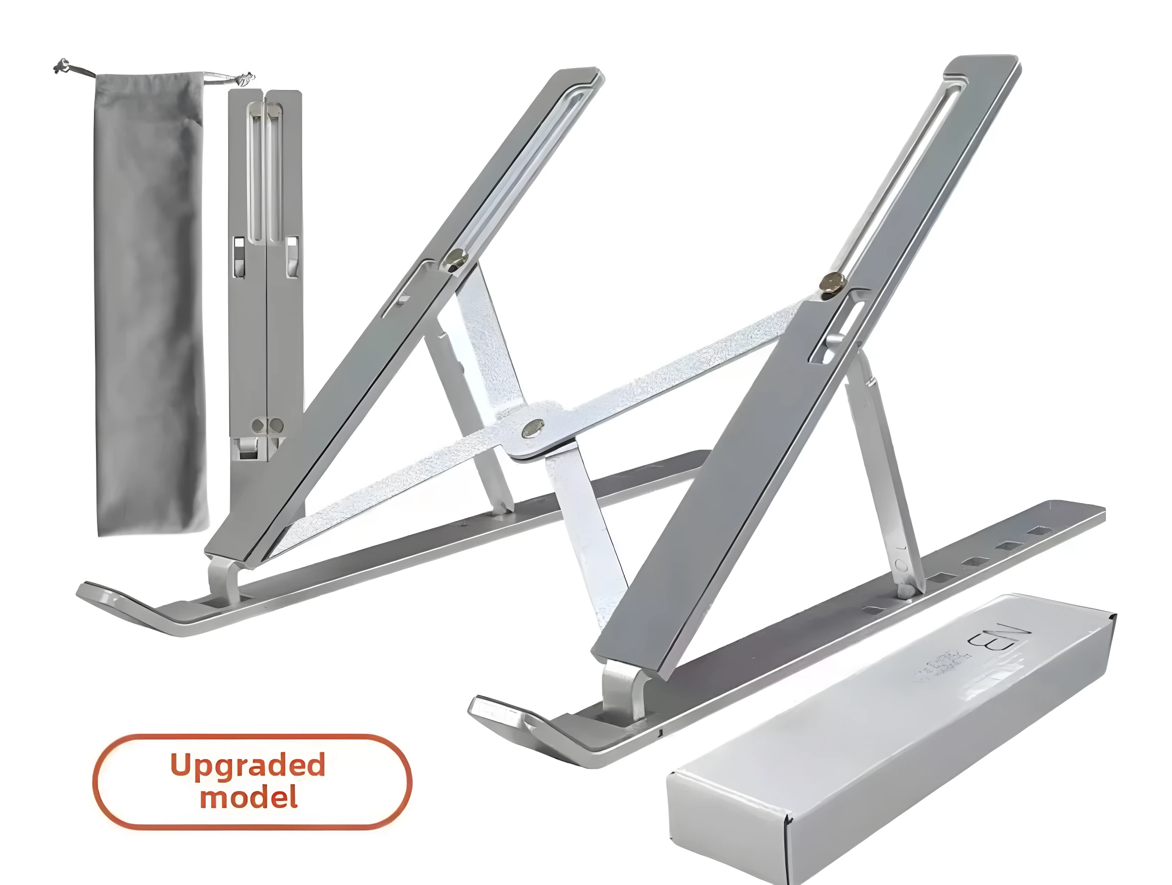 Set x2 soportes metálicos plateados para portátil N3, plegables y portátiles, con bolsa y caja.