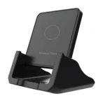 Soporte de carga inalámbrica negro para celular con indicador circular y texto "Wireless Charg"