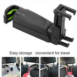 Colgador negro para asiento de carro, ideal para organizar bolsos y botellas, fácil de instalar.