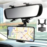 Soporte para celular negro adaptable a retrovisor de carro, ideal para navegación GPS.