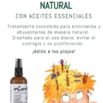Set x2 suero capilar antipiojos natural en envase de vidrio ámbar con atomizador negro, junto a dibujo de niño con piojos caricaturizados en su cabello.