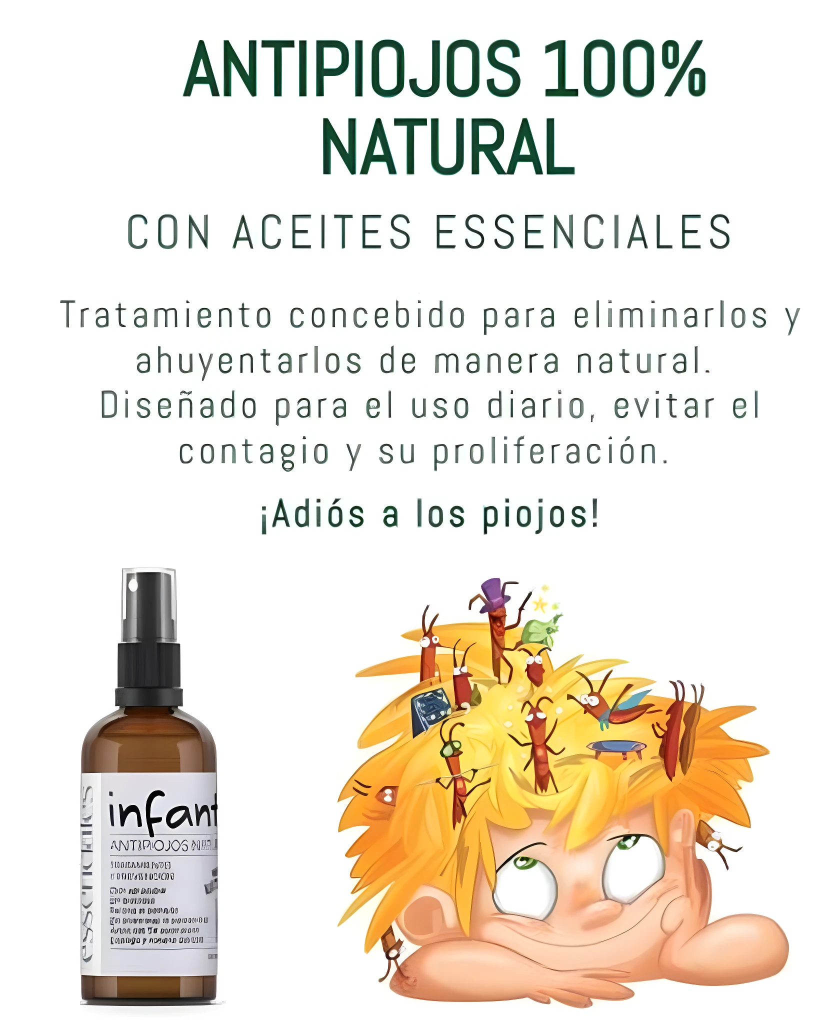 Set x2 suero capilar antipiojos natural en envase de vidrio ámbar con atomizador negro, junto a dibujo de niño con piojos caricaturizados en su cabello.