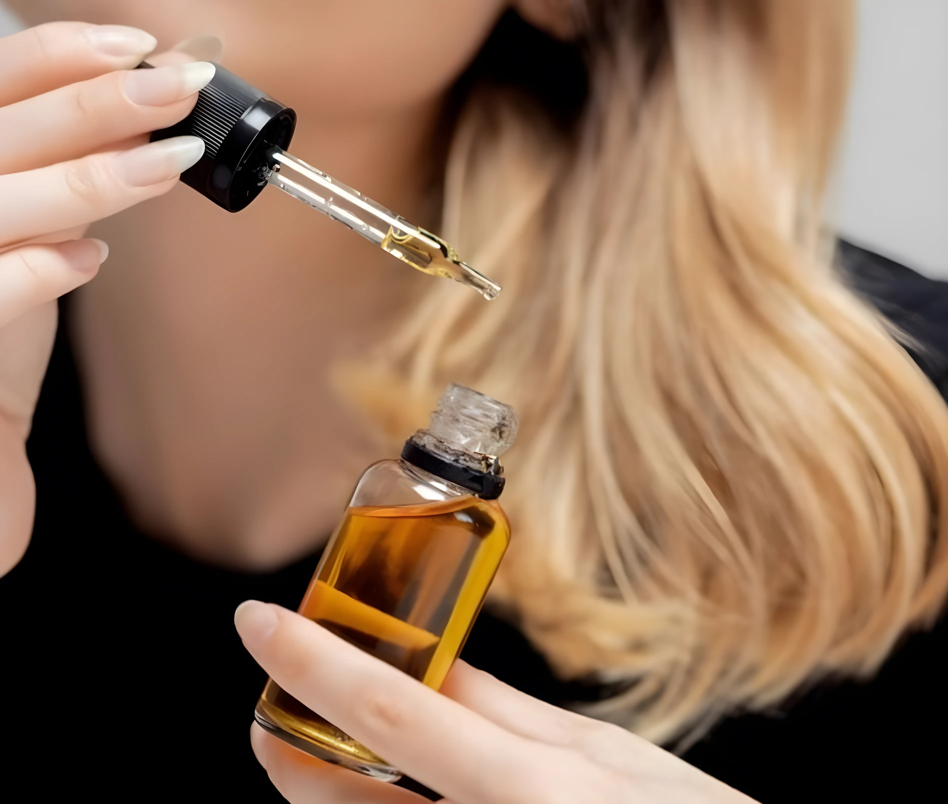 Persona sosteniendo un frasco de suero capilar color ámbar y un gotero lleno con el mismo tratamiento líquido, diseñado para el cuidado y tratamiento capilar.