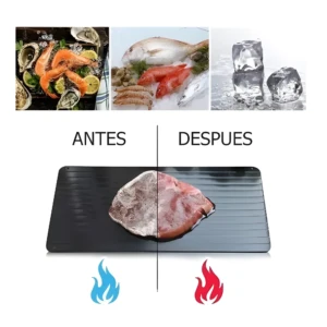 Tabla descongeladora de aluminio para carne y pollo, con ejemplos antes y después, mostrando descongelación rápida.