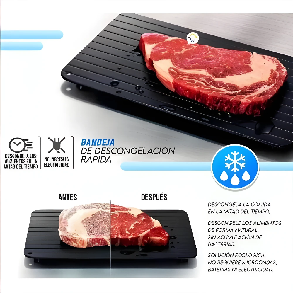 Tabla descongeladora de aluminio negro con filete de res en proceso de descongelación rápida.