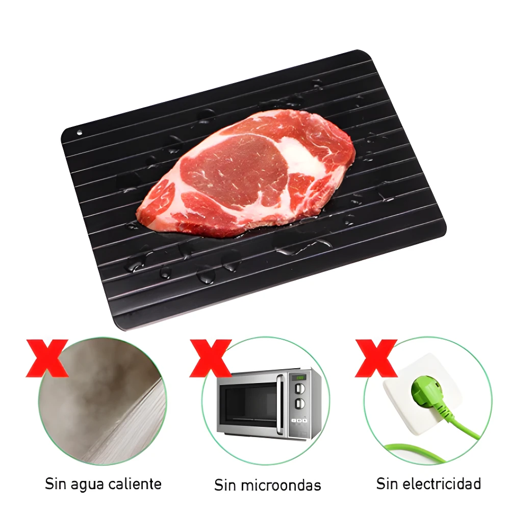 Tabla descongeladora de aluminio con bistec crudo, sin agua caliente, microondas ni electricidad.