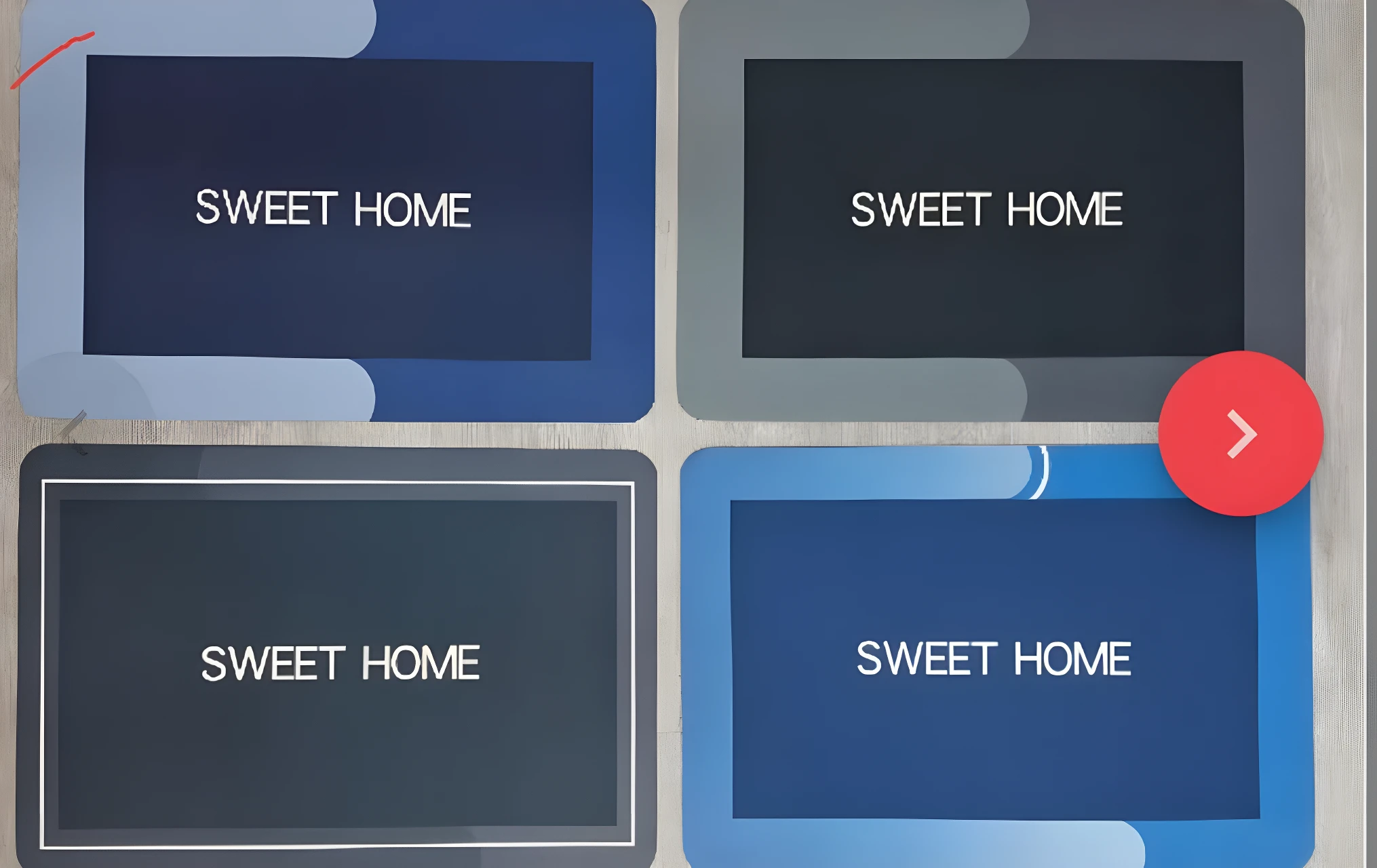 Set x2 tapete absorbente "Sweet Home", diseño moderno con marcos en azul, gris y negro, ideal para hogar.