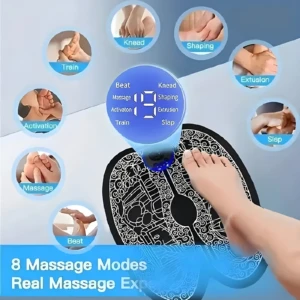 Tapete masajeador de pies EMS con 8 modos y control, diseño ergonómico para alivio y bienestar.