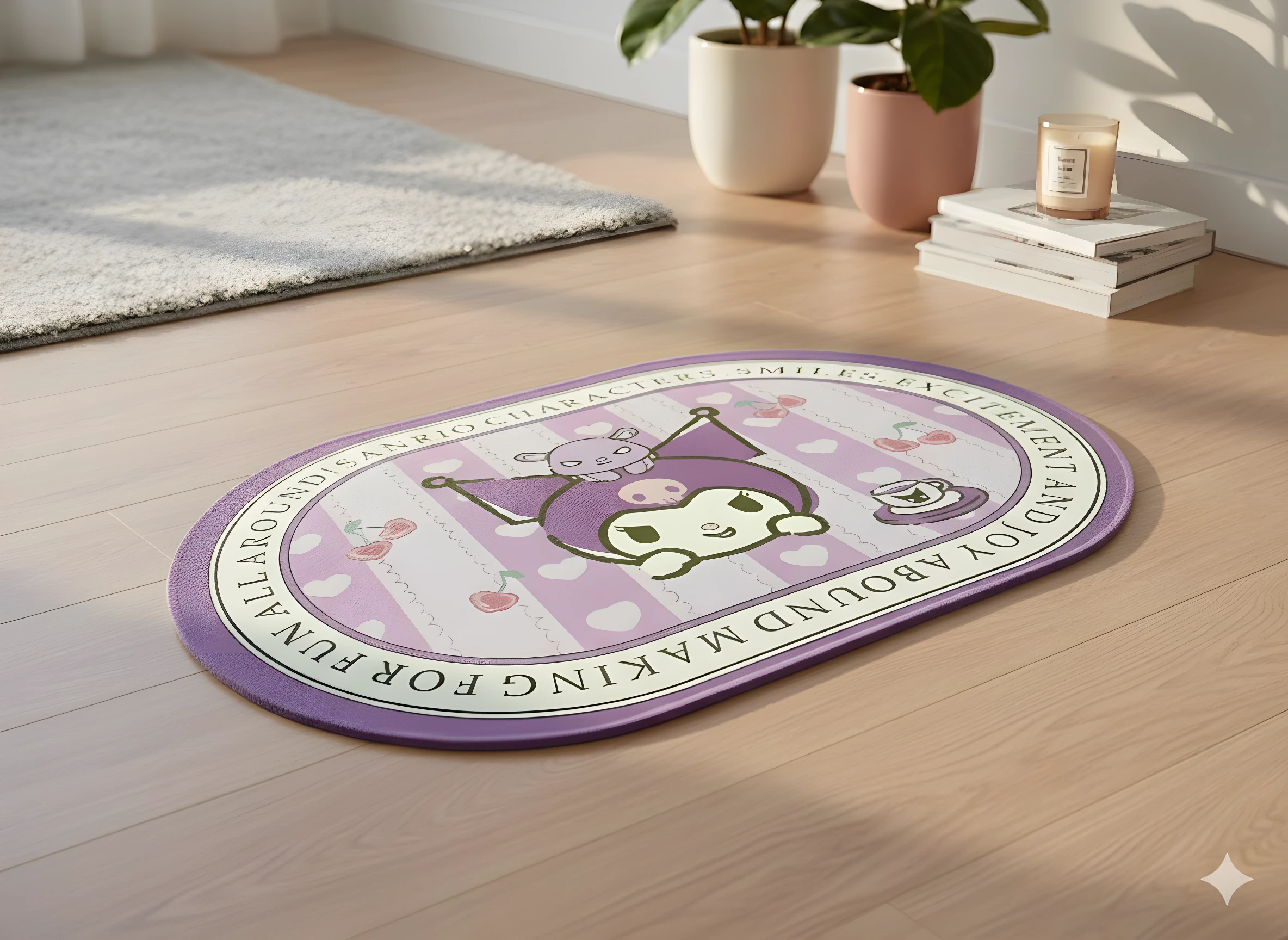 Tapete ovalado morado con personaje My Melody de Sanrio, ideal para diversión y entretenimiento.